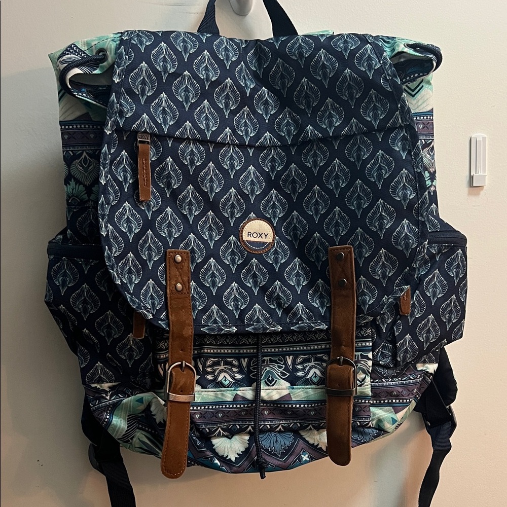 Roxy Navy and Brown Leaf Print Backpack